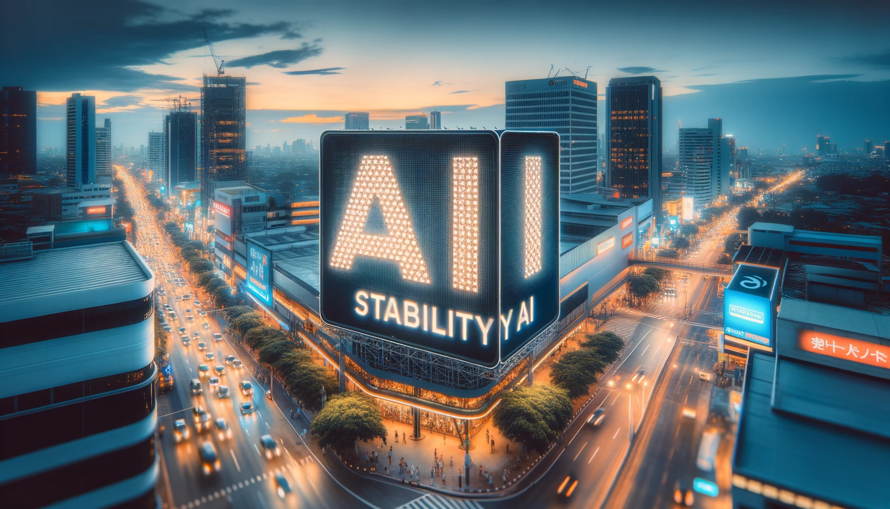DALL·E 2023-11-02 19.45.57 – Wide photo of a bustling cityscape at dusk. In the center, a large, brightly illuminated sign with the text STABILITY AI is prominently displayed. T