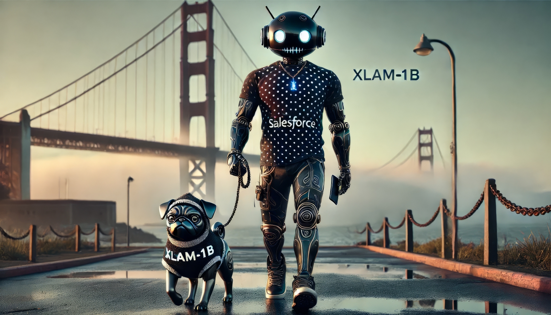 Web_DALL·E 2024-07-11 10.02.12 – A gothic interpretation of an android robot wearing a polka-dot t-shirt with the actual ‘Salesforce’ logo on it, walking a small robotic pug dog weari-2